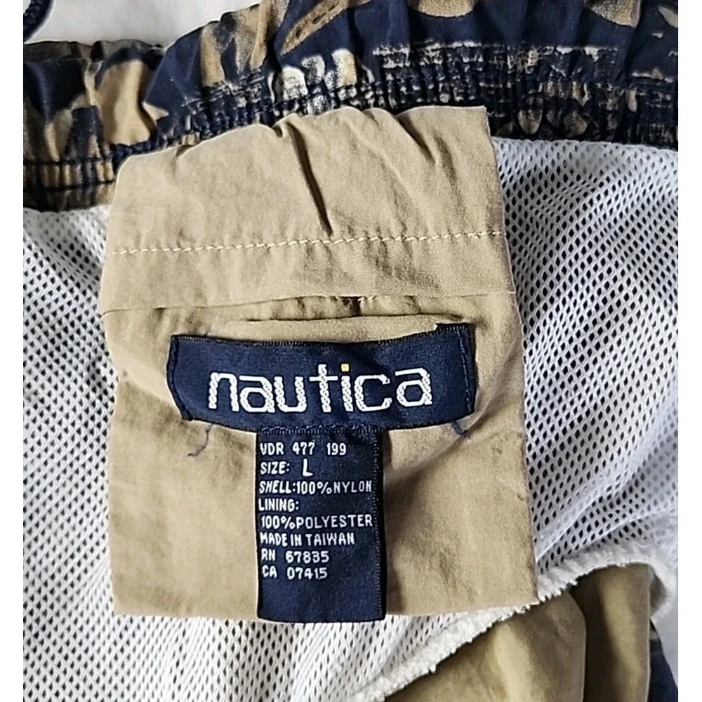 Vintage Nautica Men's Large Swim Trunks Dark Blue & Tan Hawaiian Print Nylon EUC